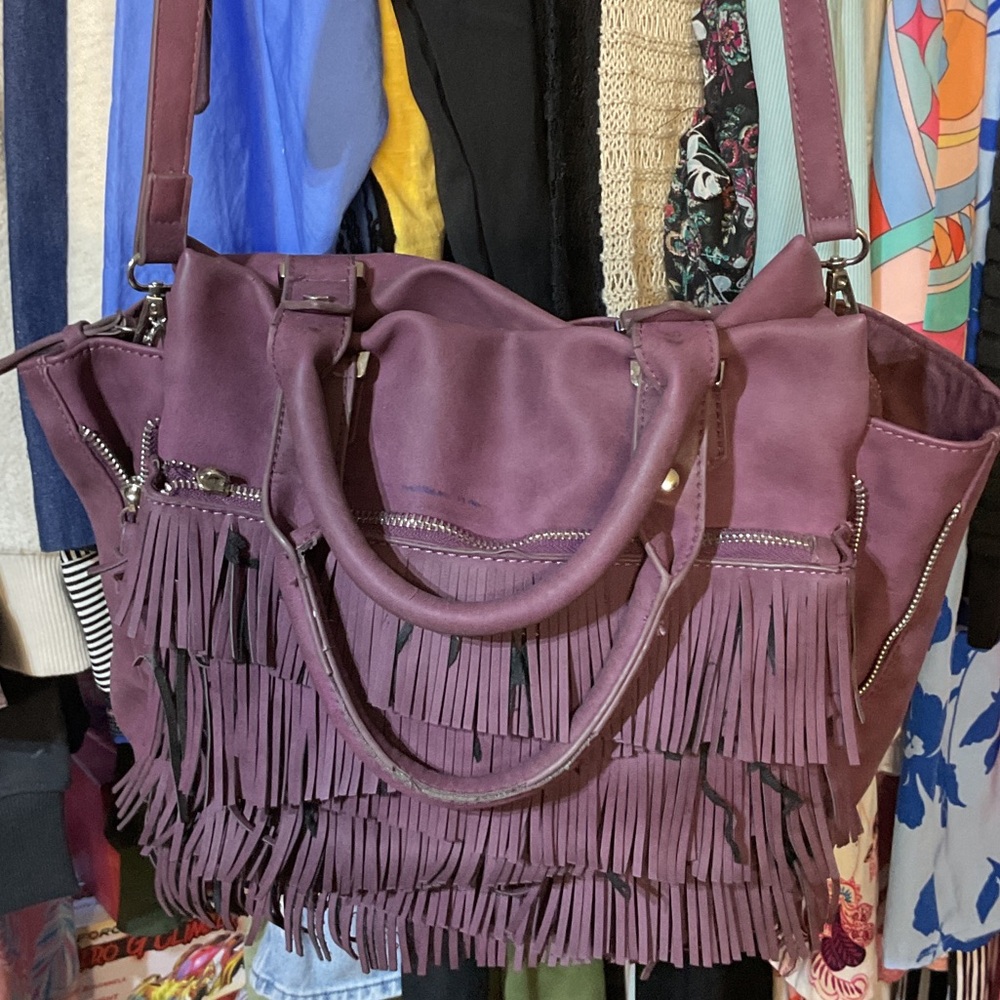Fringe Satchel Handbag in Plum - Women's Shoulder Bag